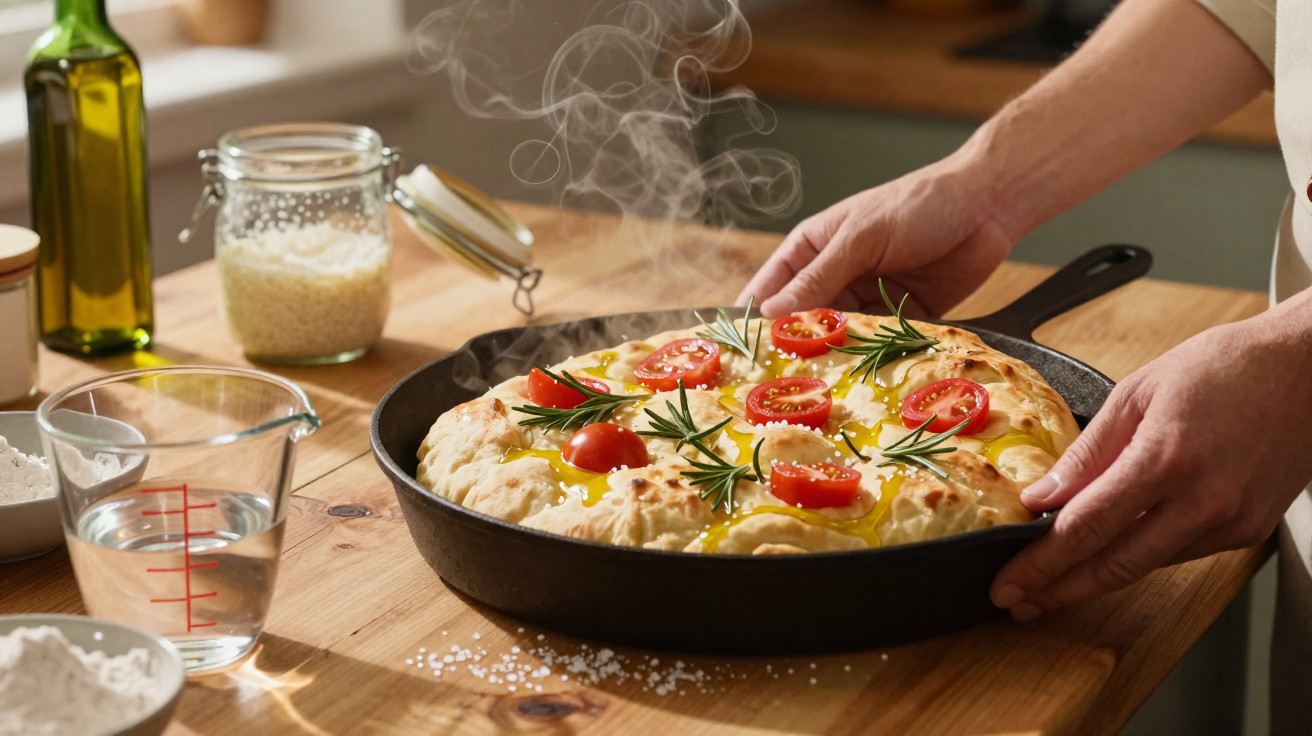 Pessoa a retirar do forno uma focaccia quente com tomates cherry e alecrim no tabuleiro preto.