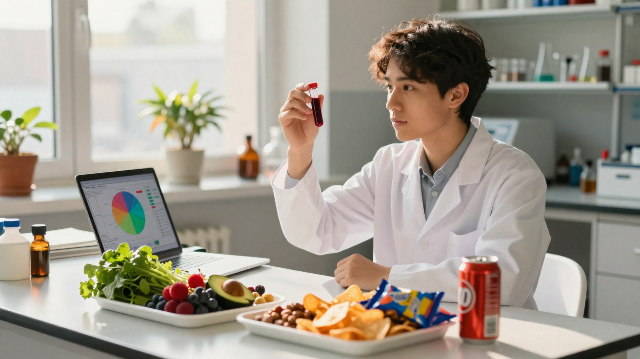 Cientista analisa amostra de sangue no laboratório com alimentos saudáveis e snacks à sua frente.
