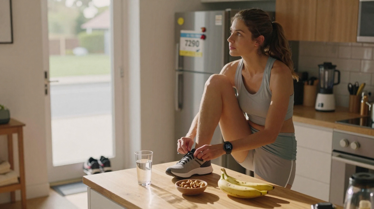 Mulher em roupa de desporto a amarrar ténis numa cozinha com frutas e água na bancada.