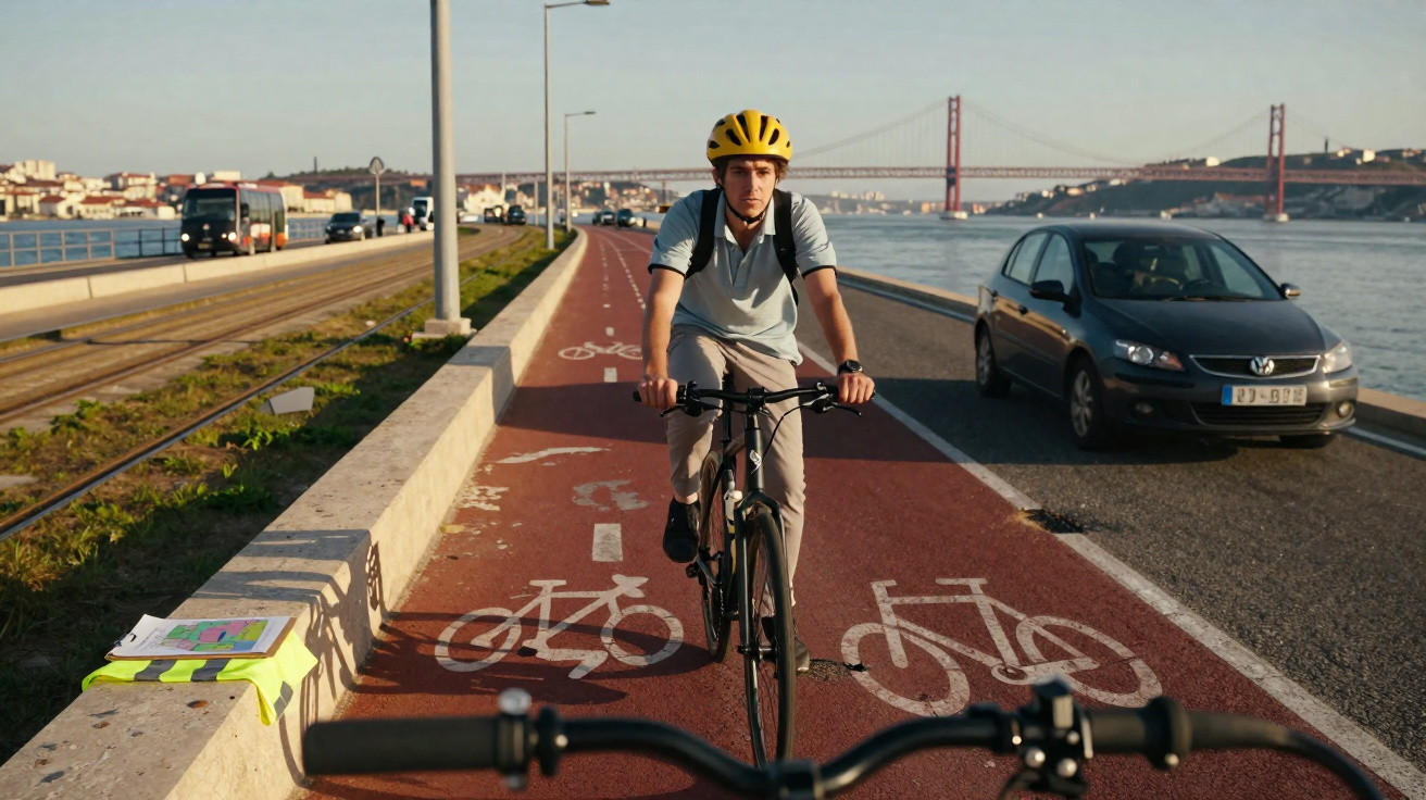 Homem de capacete amarelo a andar de bicicleta na ciclovia junto ao rio com ponte e carros ao fundo.