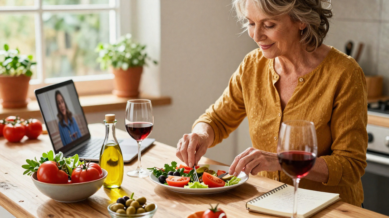 Mulher adulta a almoçar salada e vinho tinto na cozinha com um computador portátil à sua frente.