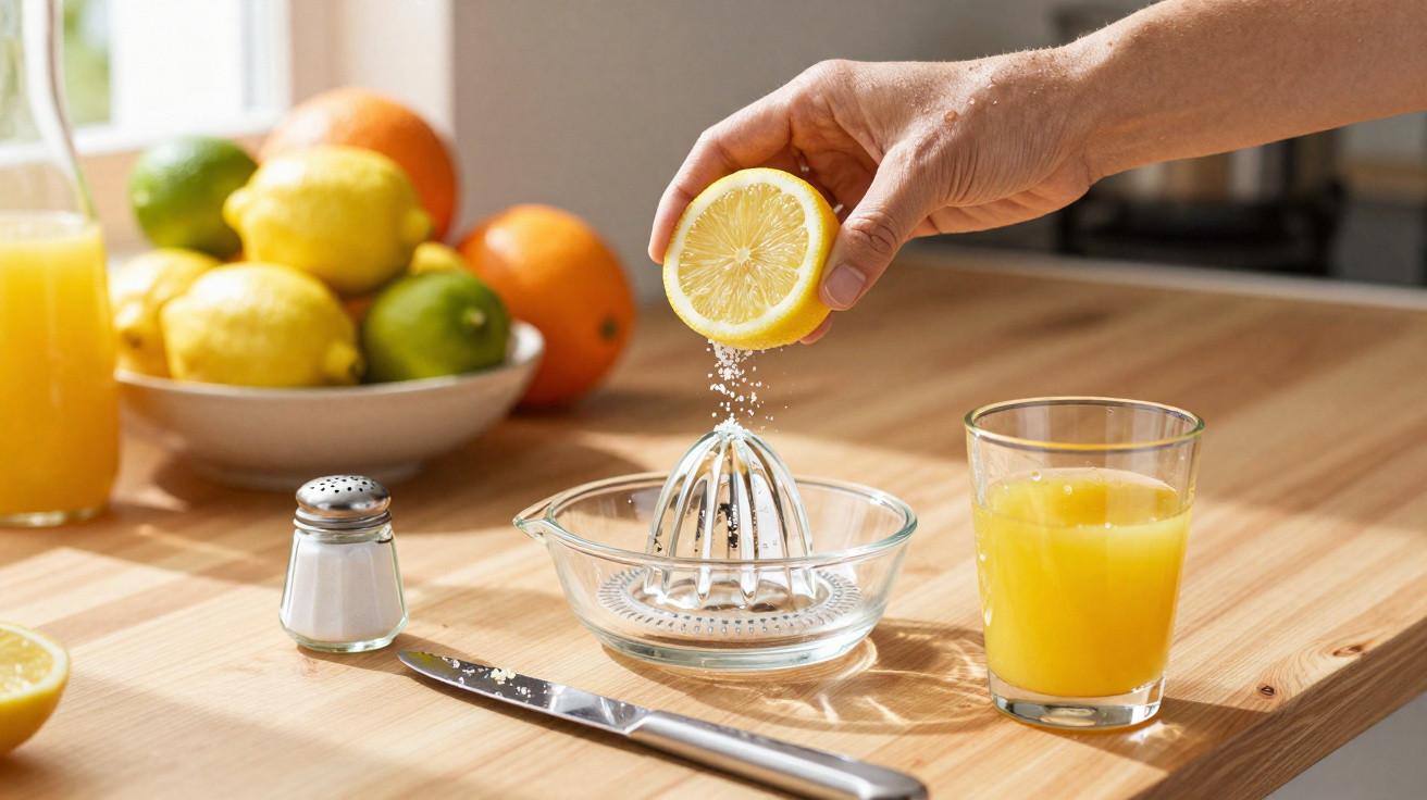 Mão a espremer limão com saleiro, jarra e copo com sumo de laranja numa bancada de madeira.