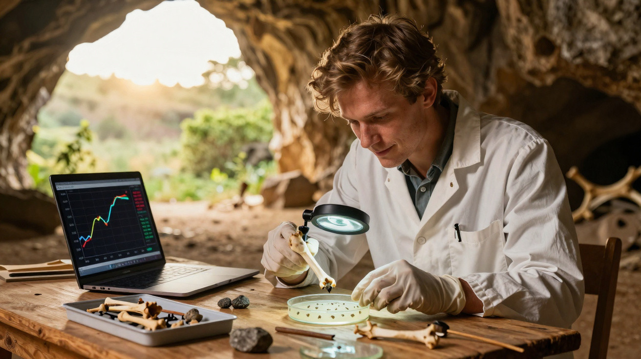 Homem com bata branca examina ossos numa placa de Petri dentro de uma gruta com laptop ao lado.