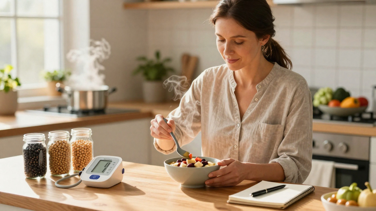Mulher a comer fruta quente na cozinha, com medidor de pressão e frascos de leguminosas na mesa.