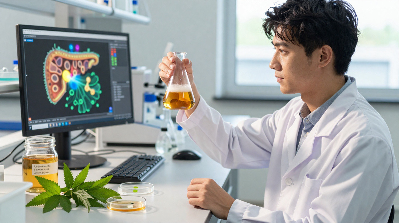 Cientista em laboratório analisa líquido amarelo em tubo de ensaio com planta e imagem de organelos no computador.