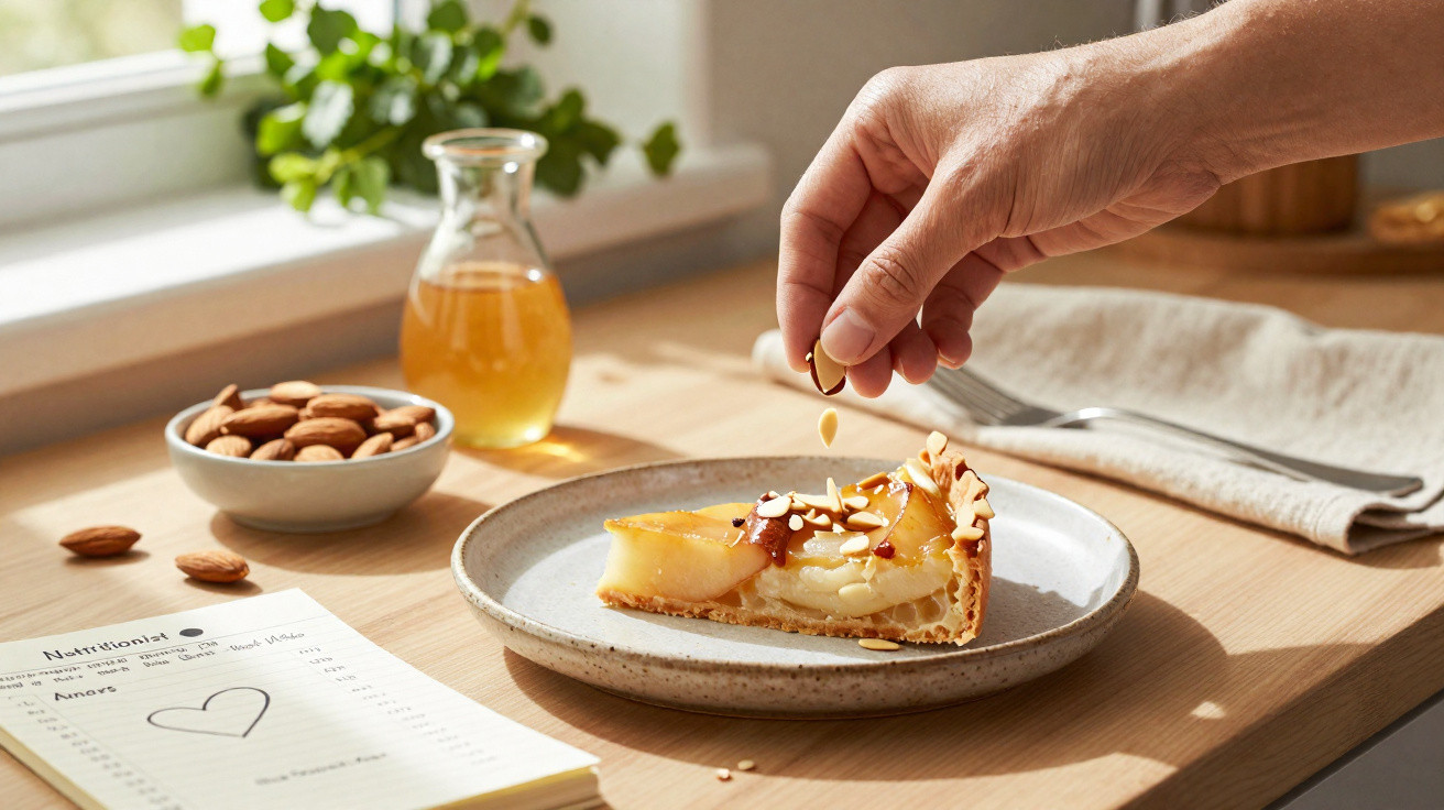 Mão a polvilhar amêndoas numa tarte de maçã numa mesa com frutos secos, jarra de sumo e caderno.