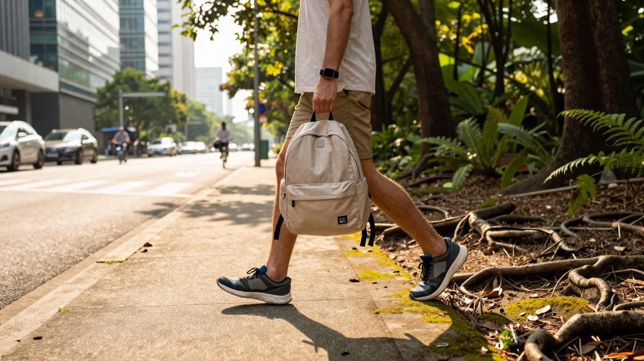 Pessoa a atravessar passeio urbana com mochila bege na mão e ténis cinzentos, sob sombra de árvores.