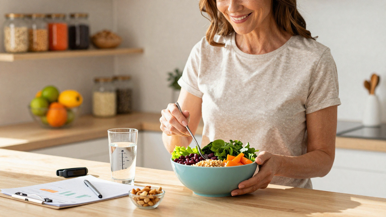 Mulher sorridente a comer uma salada saudável numa cozinha moderna, com água e frutos secos na mesa.
