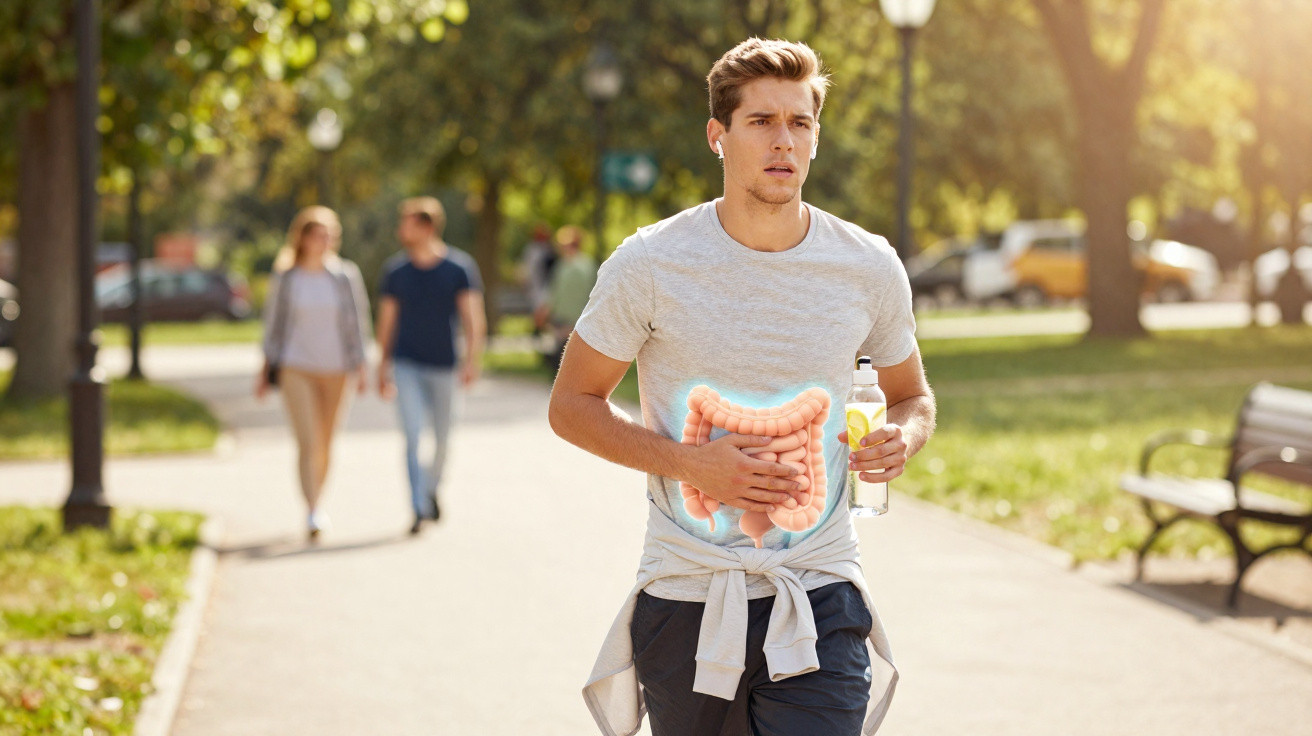 Homem jovem com dor abdominal a caminhar num parque, segurando uma garrafa de água.