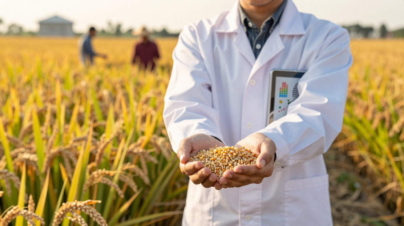 Agricultor de bata branca segurando grãos dourados numa plantação de arroz madura ao pôr do sol.
