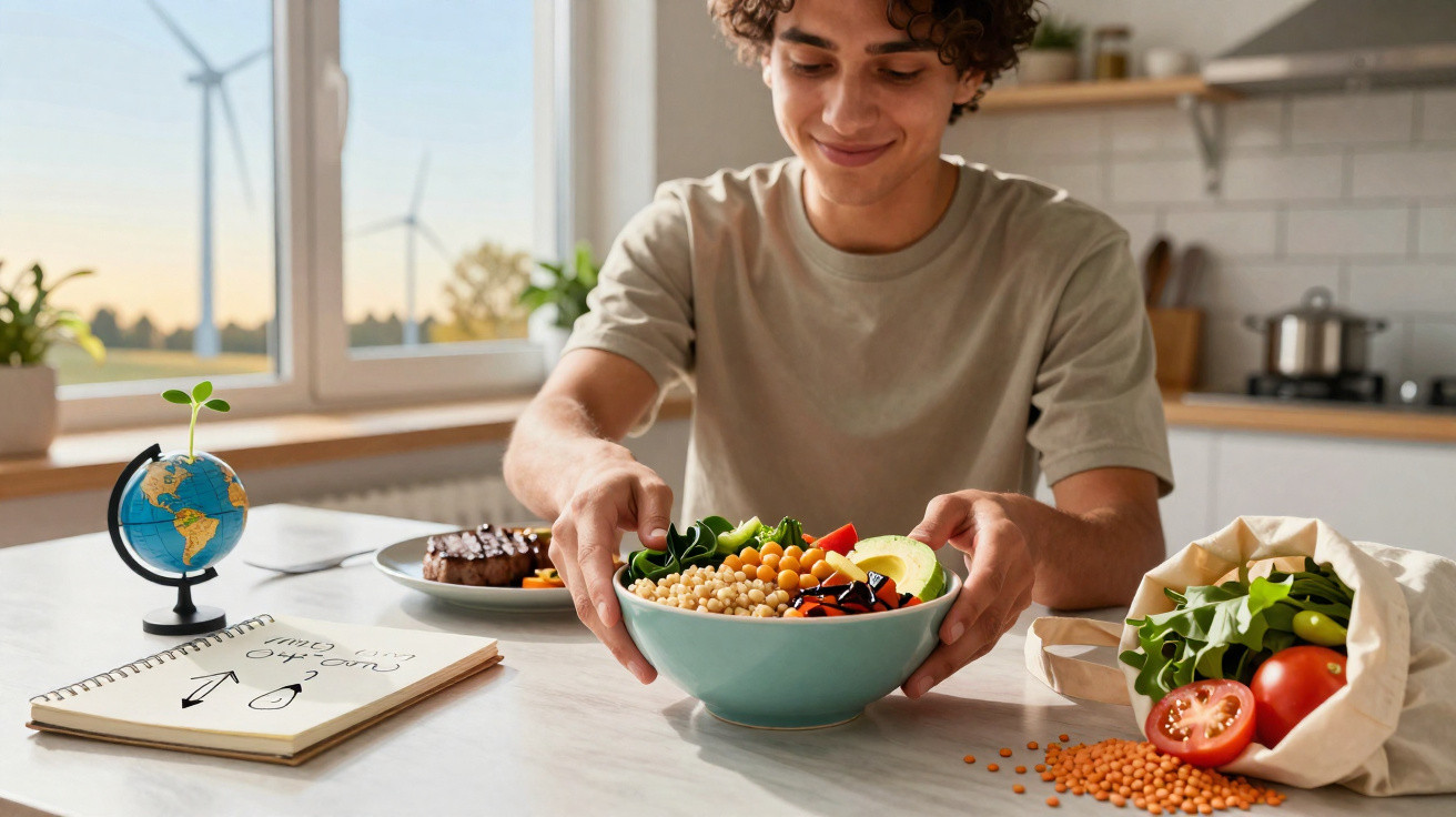Jovem sorridente a segurar uma tigela com salada saudável numa cozinha luminosa e decorada.