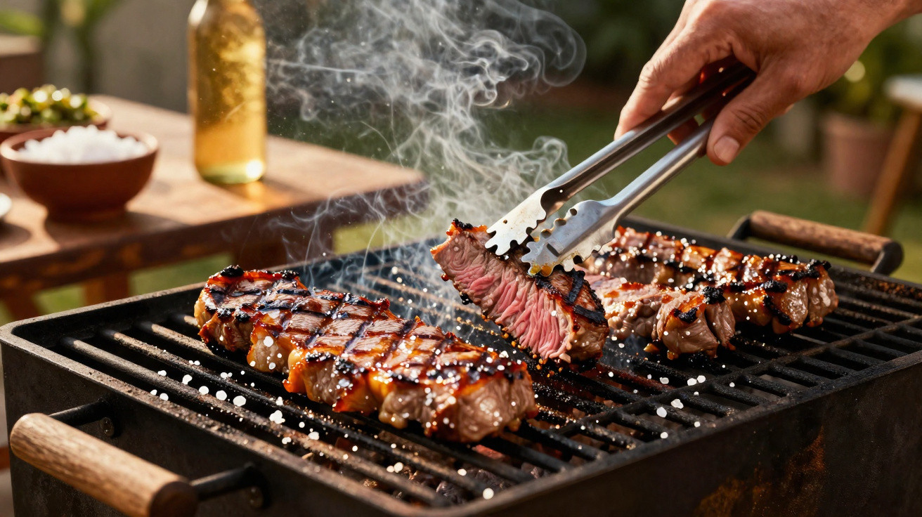 Carne suculenta a grelhar no churrasco, com sal grosso e uma mão a virar um bife com pinças.