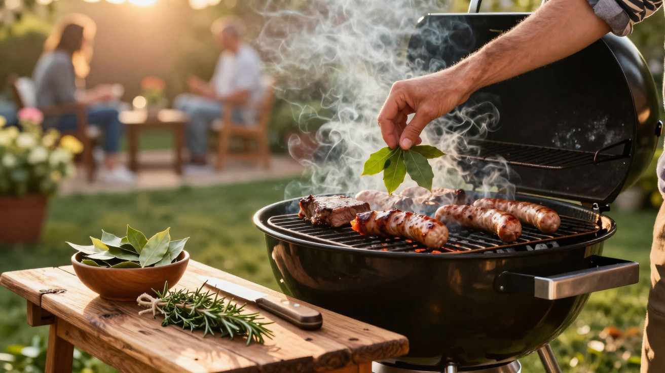 Pessoa a temperar enchidos e carne num churrasco ao ar livre num ambiente descontraído de jardim.