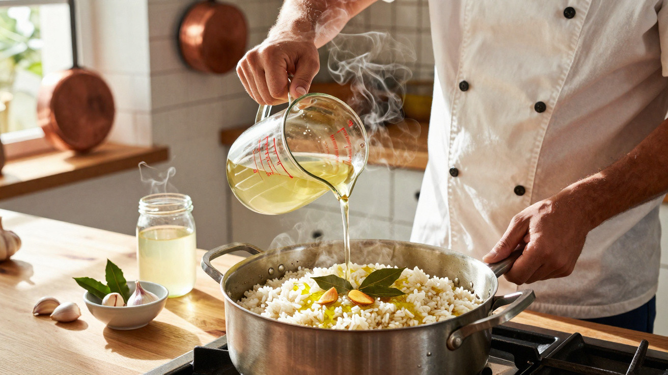 Pessoa a verter caldo numa panela com arroz, alho e folhas de louro numa cozinha luminosa.