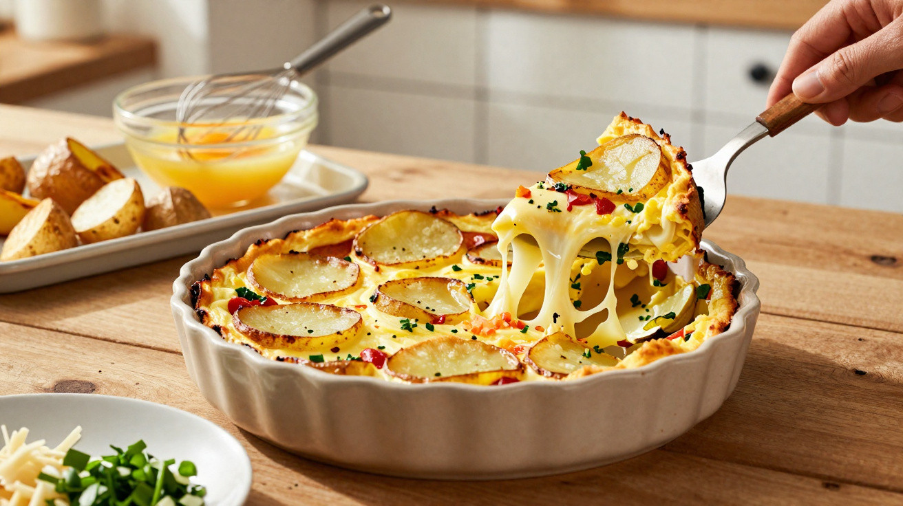 Fatia de tarte salgada com batatas, queijo derretido e ervas a ser retirada de formaira branca.