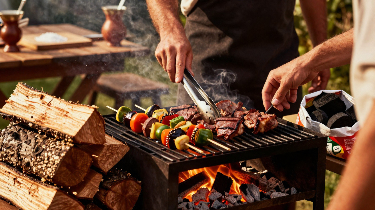 Churrasco com espetadas de legumes e carne grelhando num grill a carvão em ambiente exterior.