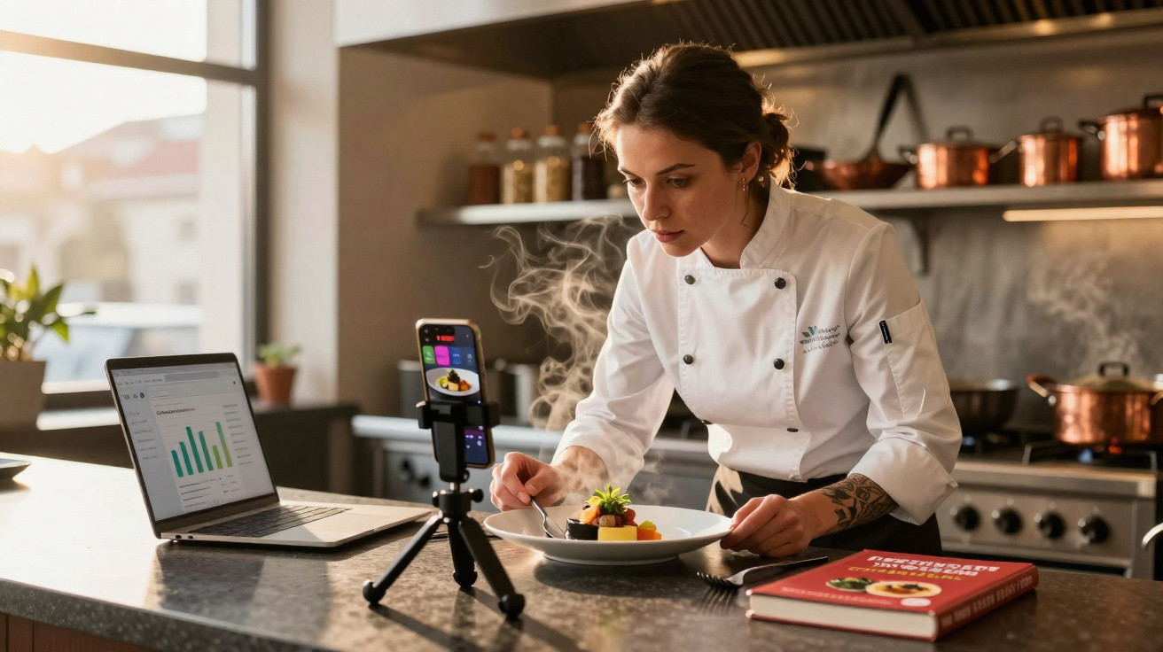 Chef a fotografar um prato gourmet numa cozinha moderna com laptop e livro de culinária na bancada.
