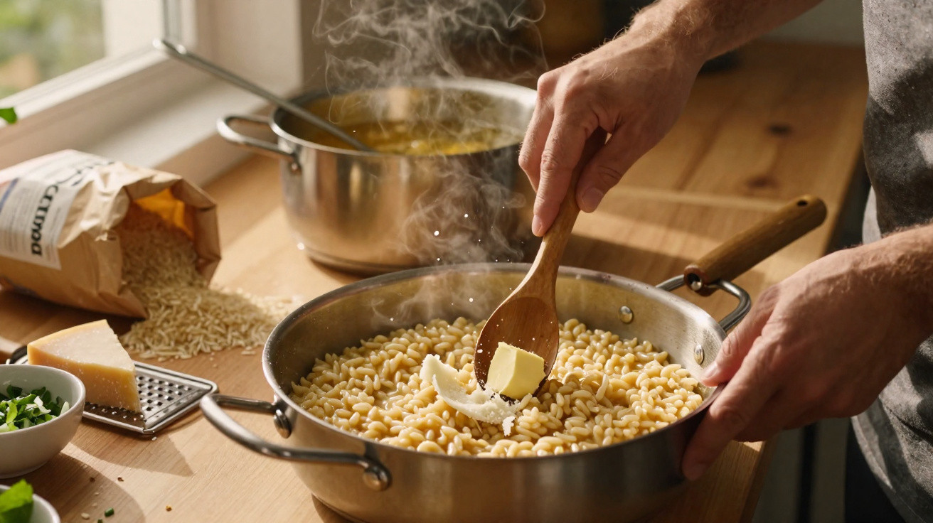 Mãos a mexer arroz com manteiga numa panela, com queijo ralado e ingredientes ao lado na bancada.