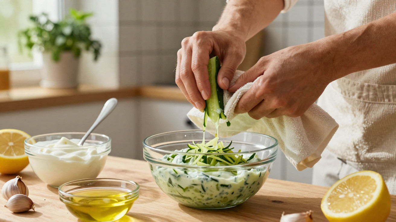 Pessoa a espremer pepino numa taça com molho numa cozinha moderna.