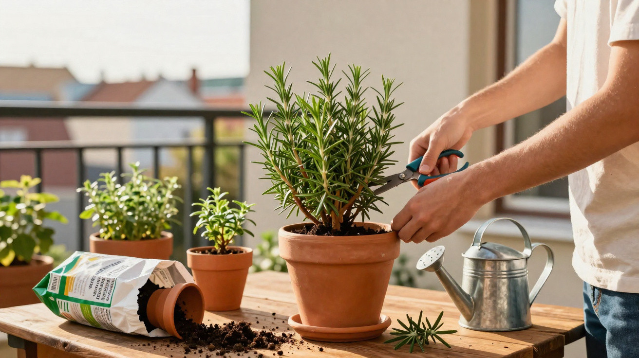 Pessoa a podar planta aromática em vaso de barro numa varanda com regador e terra espalhada na mesa de madeira.