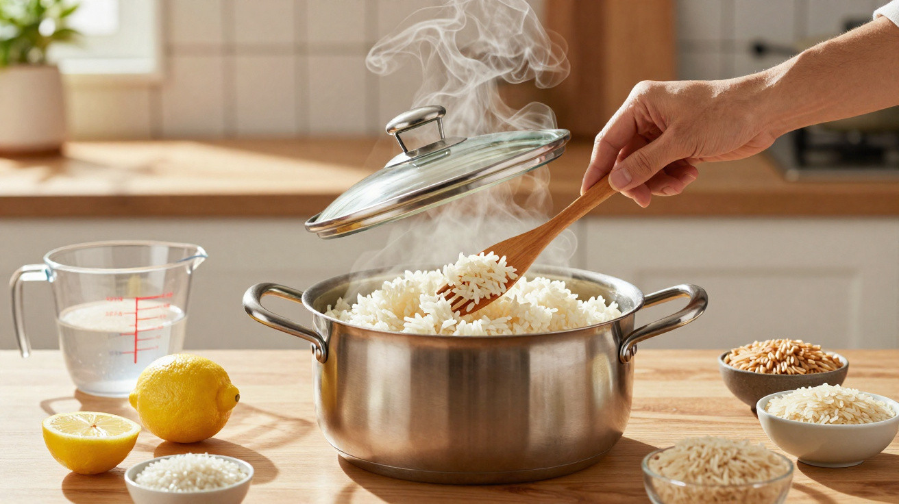 Mão a mexer arroz fumegante numa panela de inox, com limão, água e grãos de arroz à volta numa cozinha.