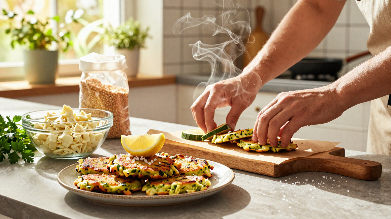 Mãos a cortar legumes grelhados num tábua de madeira, com prato de tortilhas de legumes e limão na bancada.