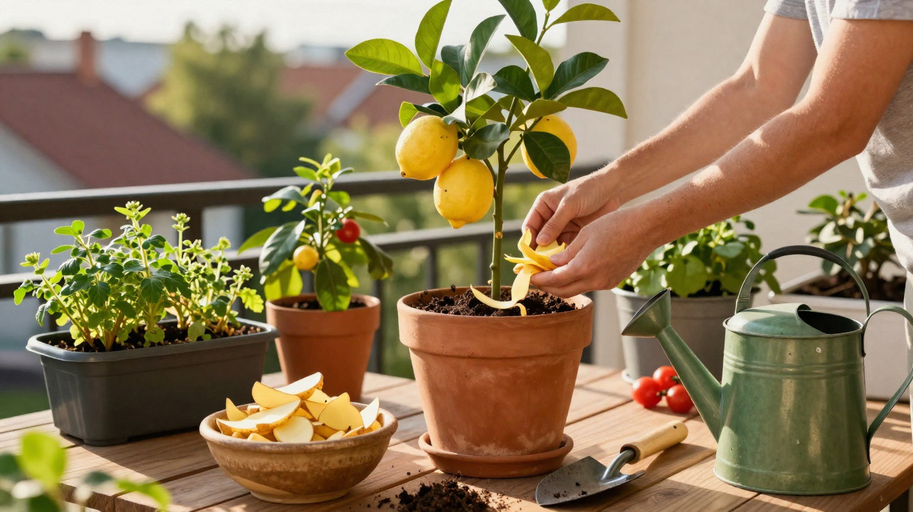 Pessoa a descascar limão perto de um limoeiro em vaso numa varanda com outras plantas e ferramentas de jardinagem.