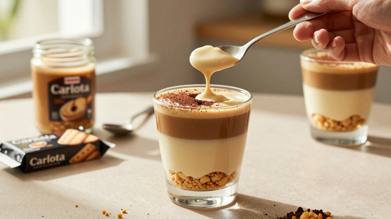 Colher a recolher doce cremoso em copo com camadas de bolo e chocolate em cima de superfície clara.