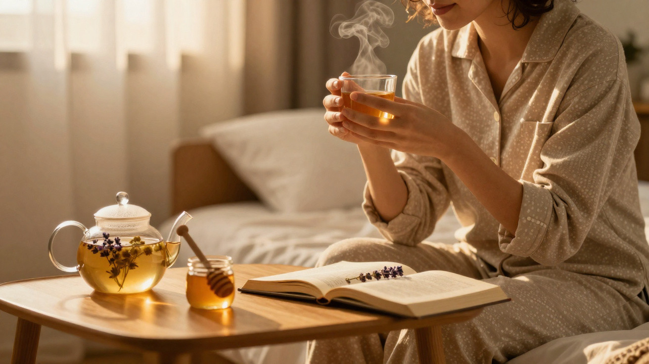 Pessoa sentada a beber chá quente, com livro aberto e jarro de mel numa mesa de madeira.