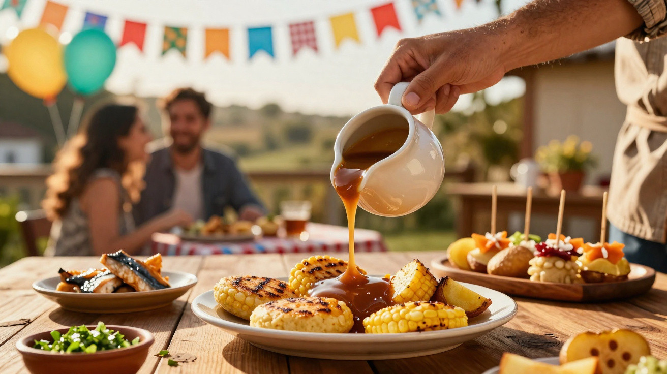 Mãos a servir molho sobre milho grelhado numa mesa de madeira, com festa ao ar livre ao fundo.