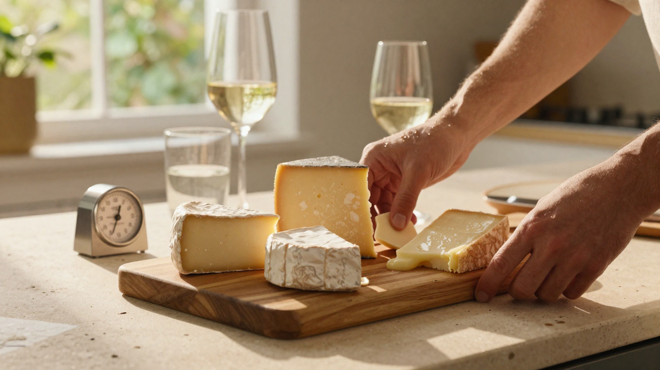 Tábua com quatro tipos de queijo e duas taças de vinho branco em ambiente iluminado natural.