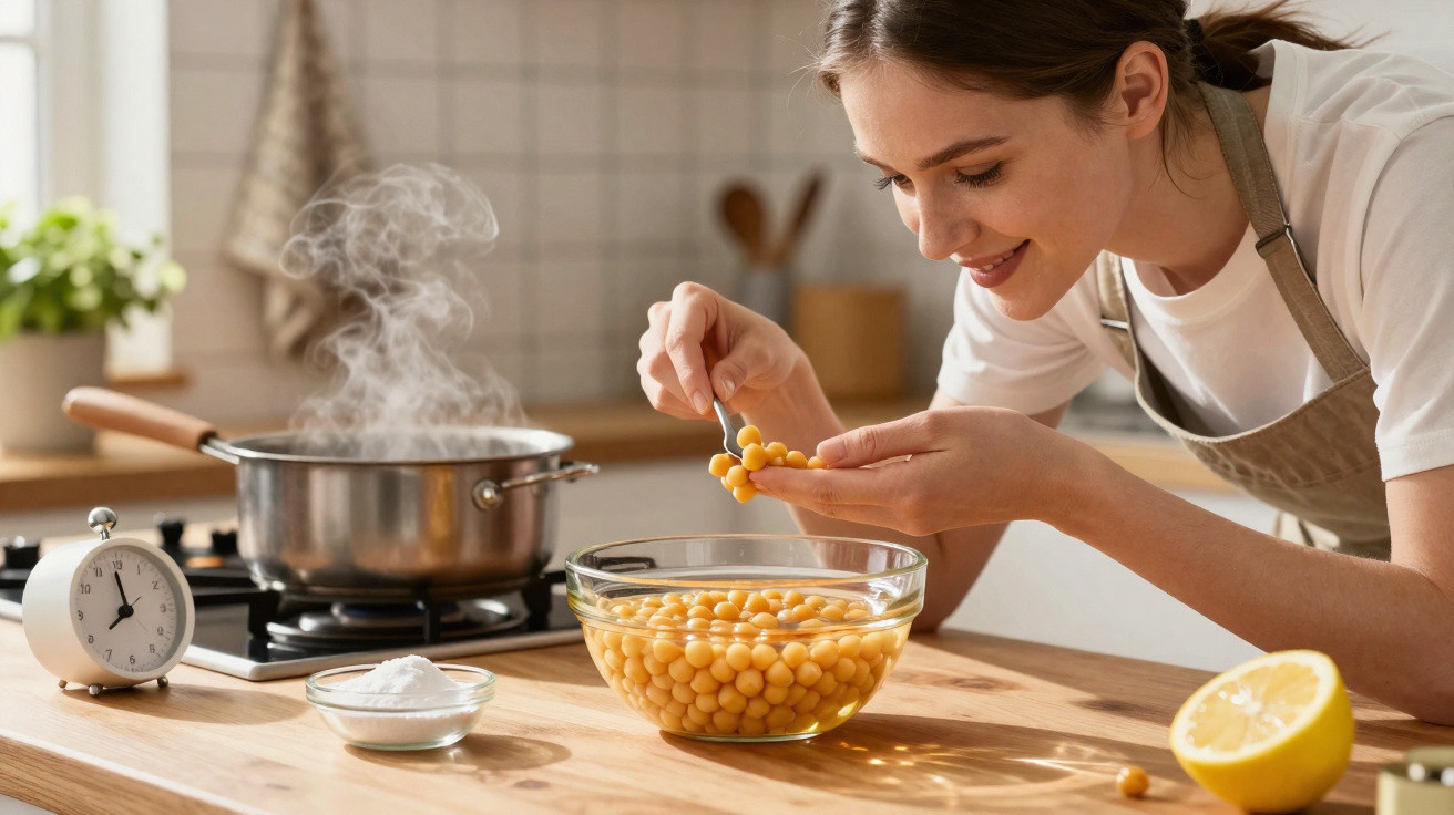 Mulher sorridente a cozinhar grão-de-bico numa cozinha moderna, com tacho a ferver e limão na bancada.