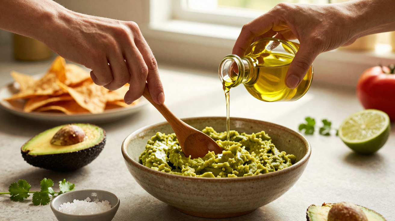 Pessoa a verter azeite numa taça com guacamole, com abacate, limão e tortilhas ao lado.