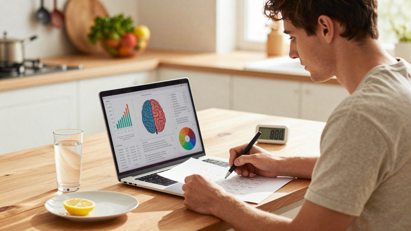 Jovem a estudar neuromarketing numa cozinha, com laptop, anotações e um copo de água à sua frente.