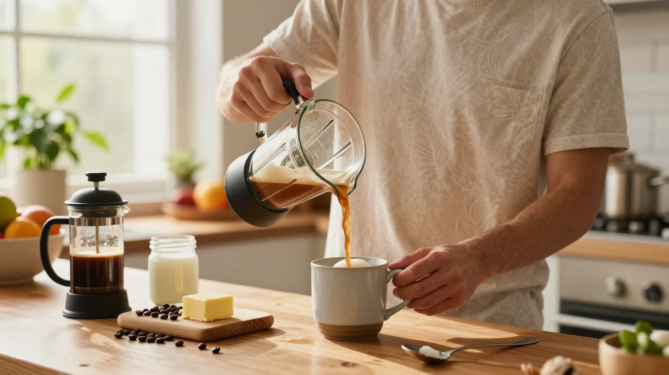 Pessoa serve café coado numa caneca na cozinha com manteiga e grãos de café na bancada.