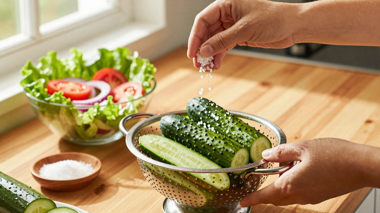 Mãos a temperar pepinos frescos com sal numa cesta metálica numa cozinha iluminada e salada ao fundo.