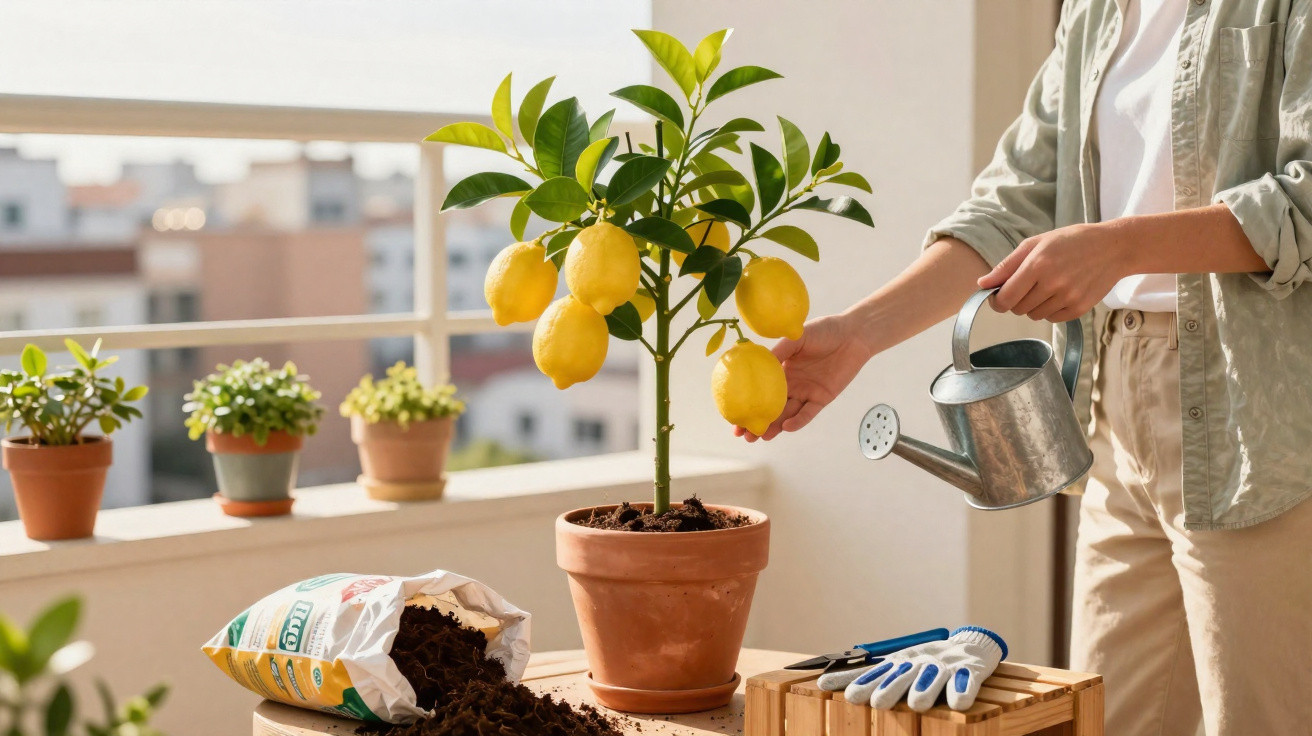 Pessoa a regar um limoeiro em vaso num terraço com outras plantas e ferramentas de jardinagem.