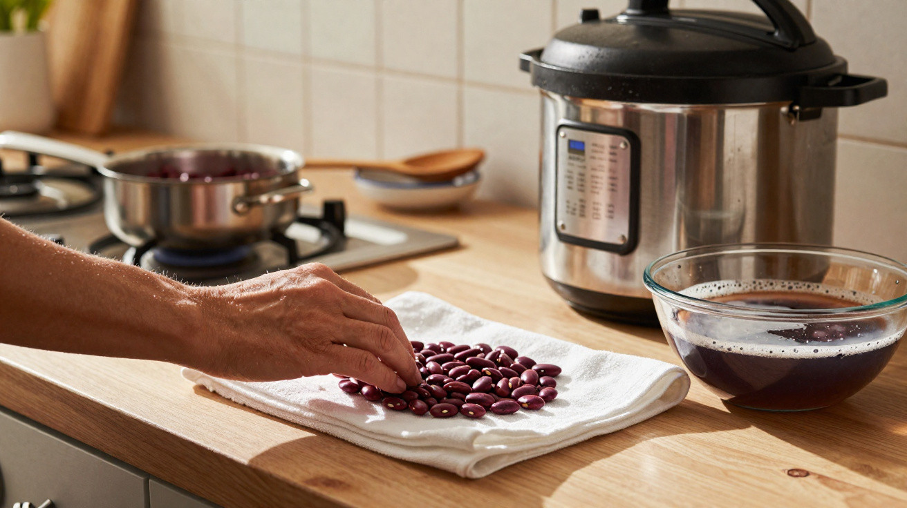Mão a apanhar feijão seco vermelho sobre um pano, com uma panela, uma panela elétrica e tigela com água na bancada da cozinha
