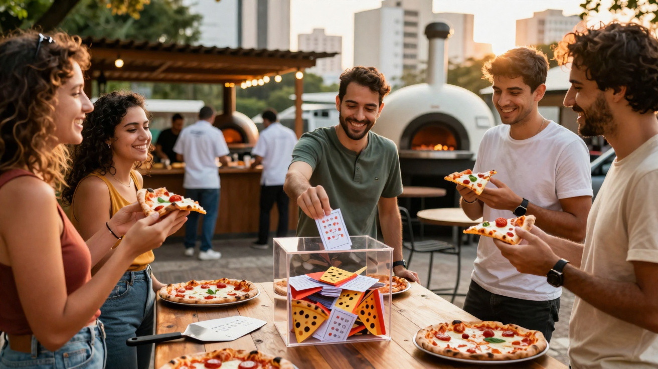 Grupo de amigos a comer pizza e a participar num jogo de sorteio ao ar livre, ao entardecer.