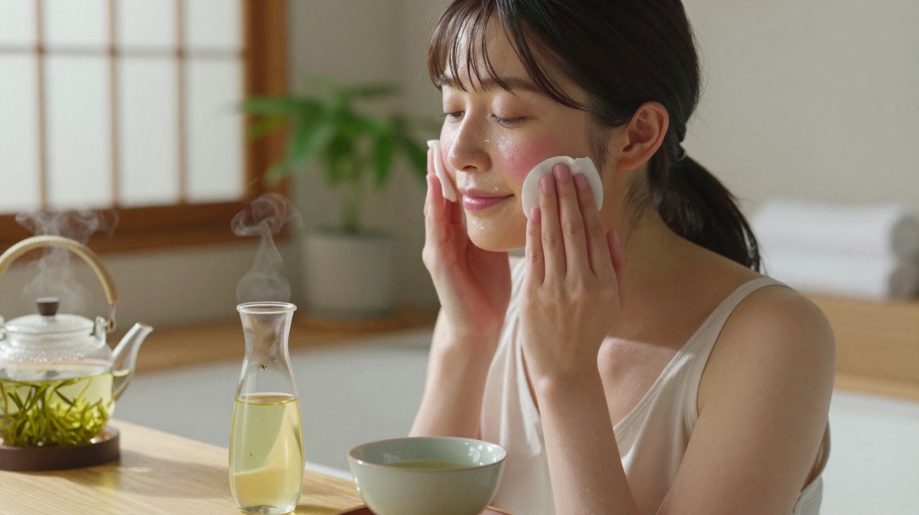 Mulher a limpar o rosto com algodão, sentada à mesa com chá e vapores aromáticos num ambiente tranquilo.