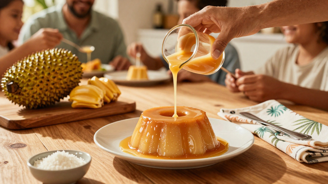 Mãos a verter caramelo num pudim à mesa com família a bebericar, fruta e sal decorativa presentes.