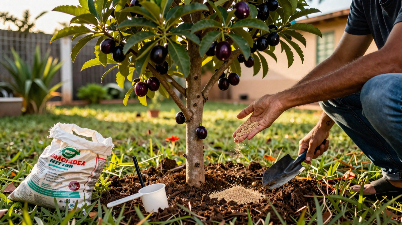 Pessoa a aplicar fertilizante com enxada junto a uma árvore de frutas roxas num jardim.