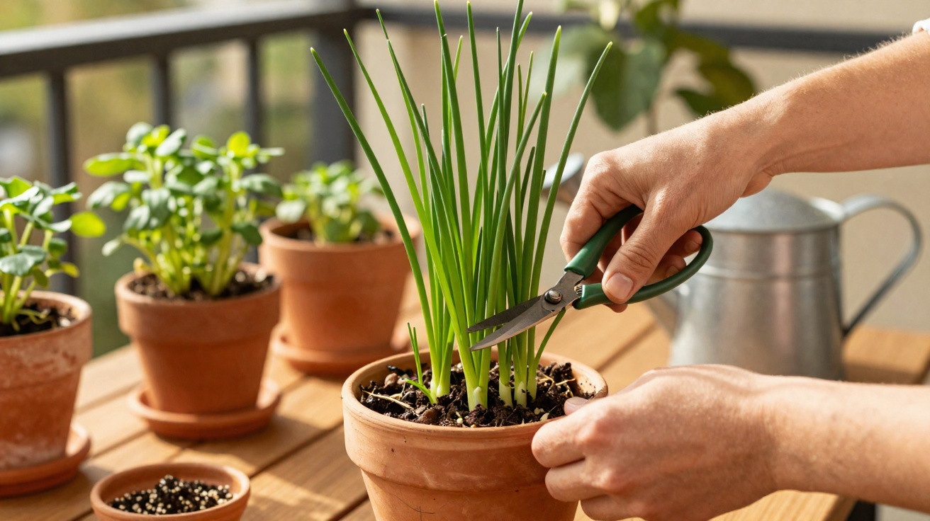 Pessoa a cortar ervas aromáticas em vaso de barro numa varanda com várias plantas em vasos.