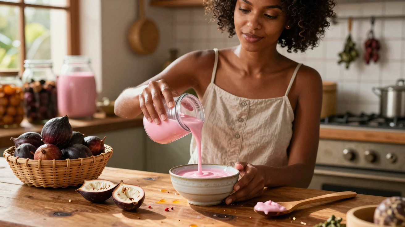 Mulher a verter iogurte cor-de-rosa numa taça numa cozinha rústica com frutas na mesa.