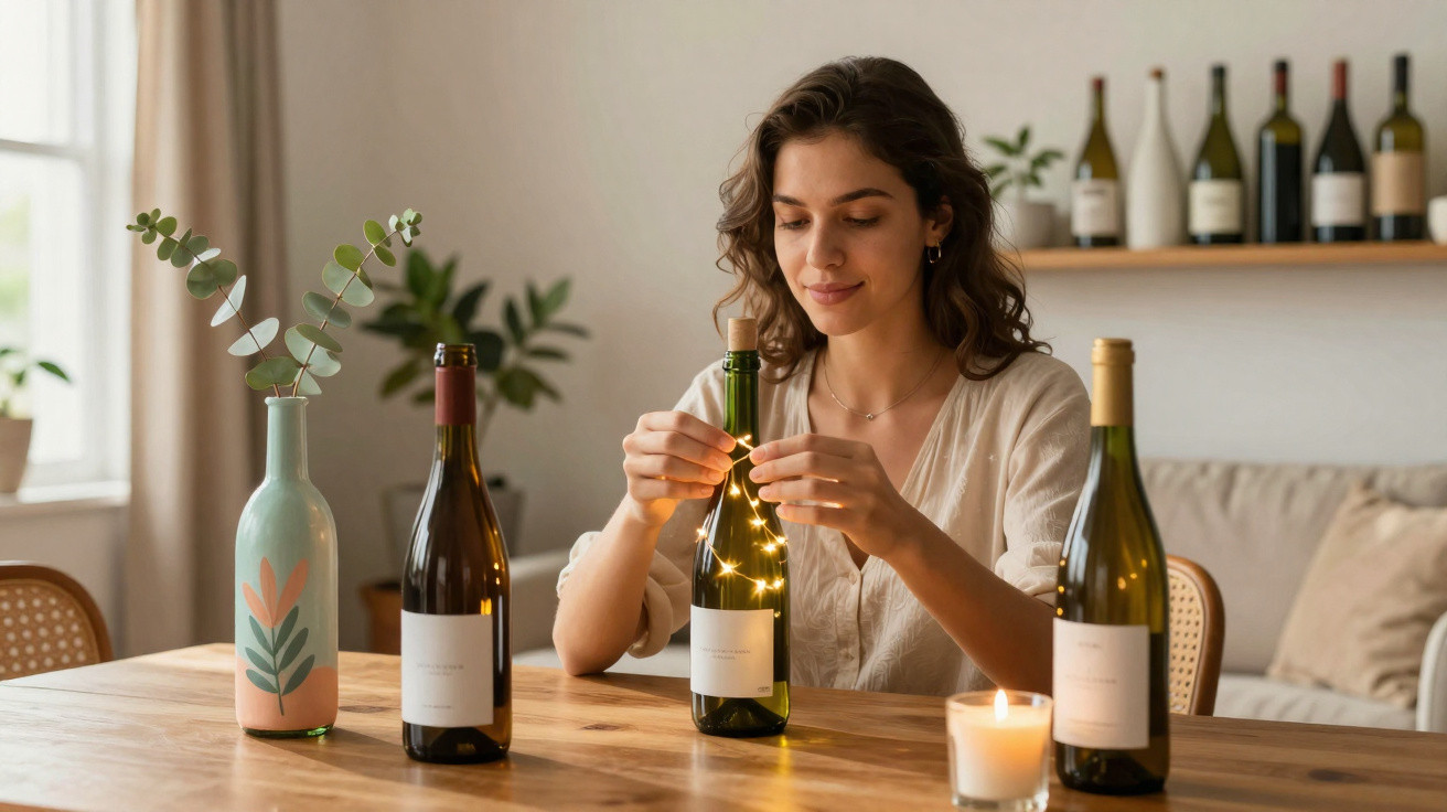 Mulher sentada à mesa a colocar luzes decorativas dentro de garrafa de vinho verde numa sala acolhedora.