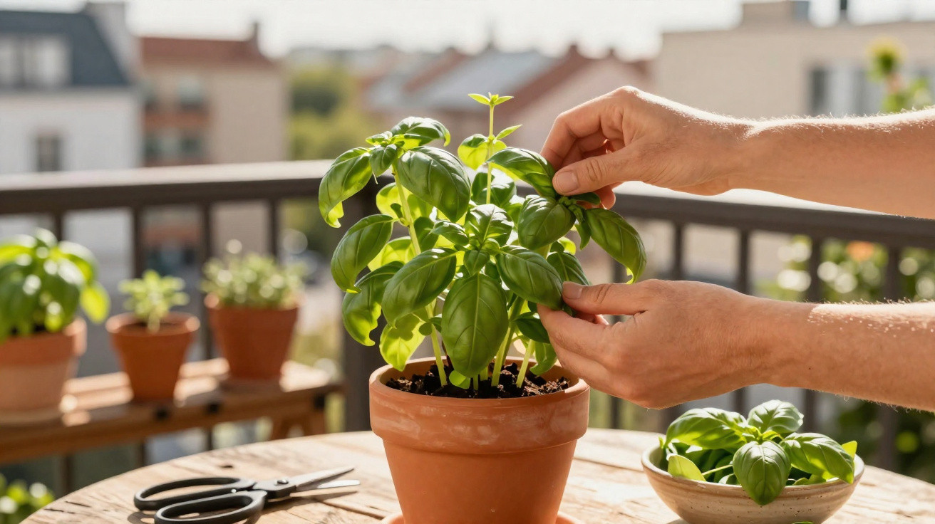 Mãos a colher folhas de manjericão de uma planta em vaso num terraço ensolarado com outros vasos ao fundo.