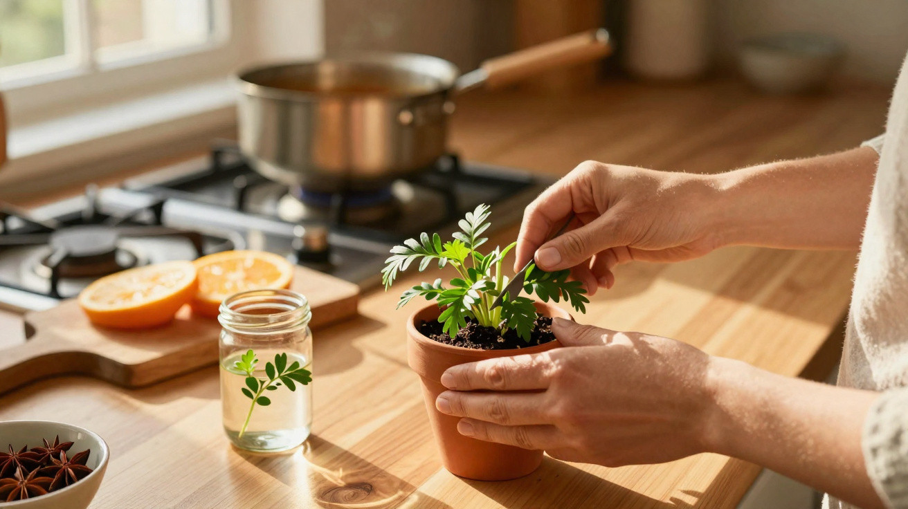 Pessoa a cuidar de planta em vaso de barro na cozinha com frutas e panela ao fundo.