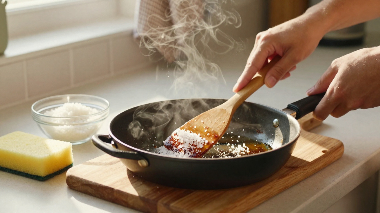 Pessoa a cozinhar com sal grosso numa frigideira quente na cozinha, com vapor visível a subir.