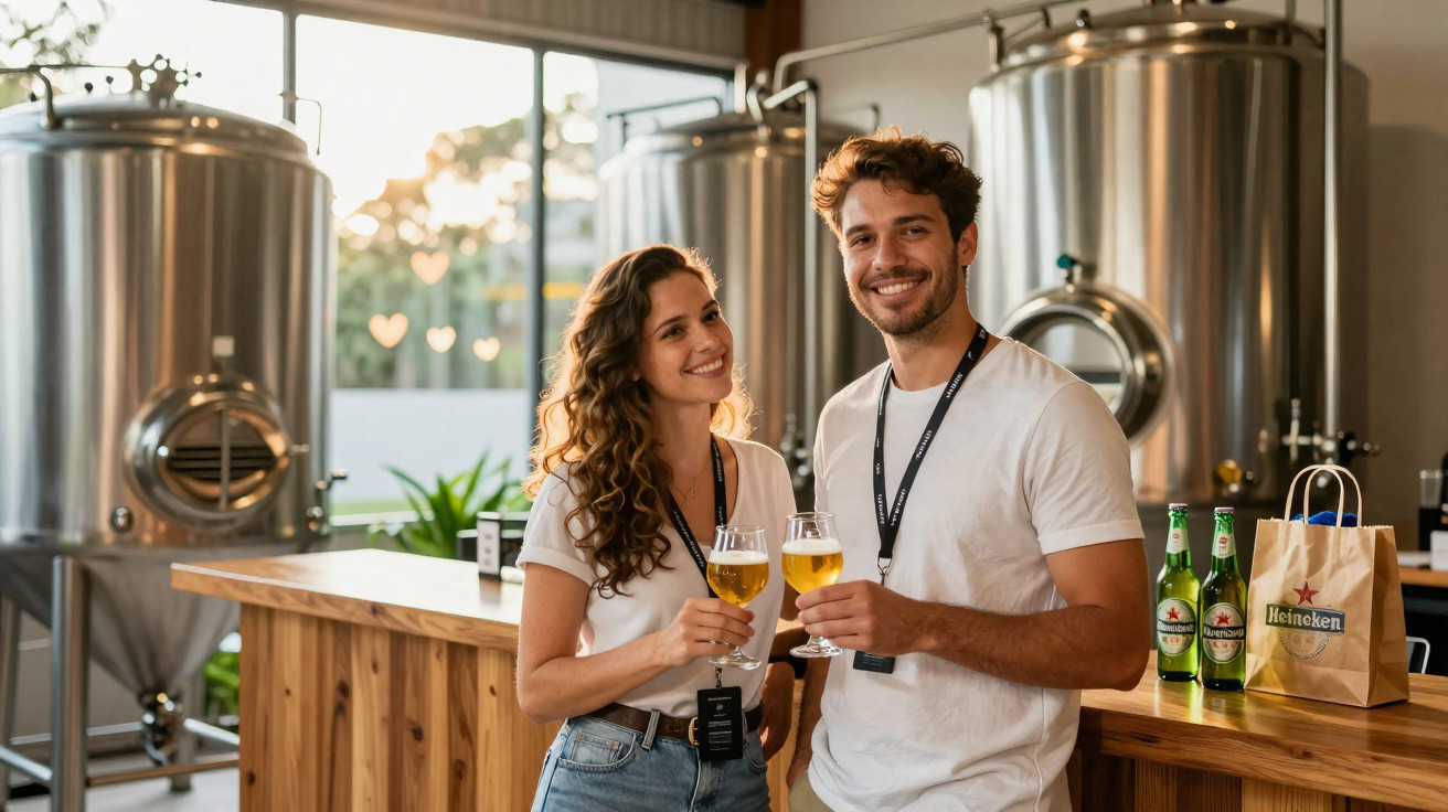 Casal jovem a brindar com copos de cerveja num bar ou fábrica de cervejas artesanais.