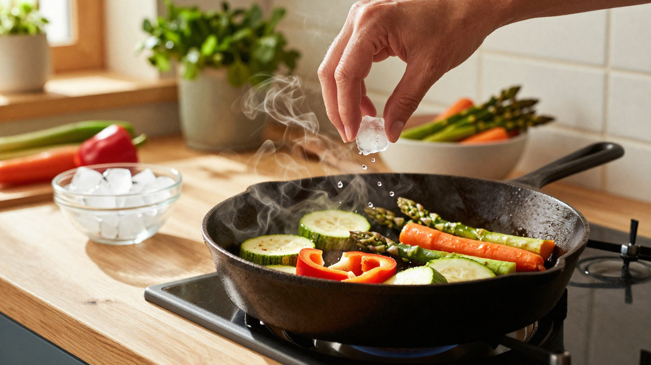 Mão a colocar cubo de gelo numa frigideira com legumes a cozinhar num fogão a gás numa cozinha iluminada.